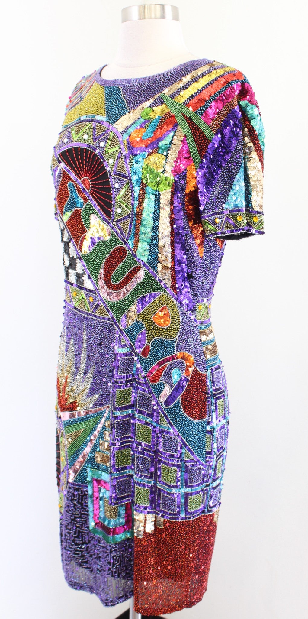 Vtg 80s 90s Abstract Colorful Silk Beaded Sequin Party Dress Art to Wear Sz S ?