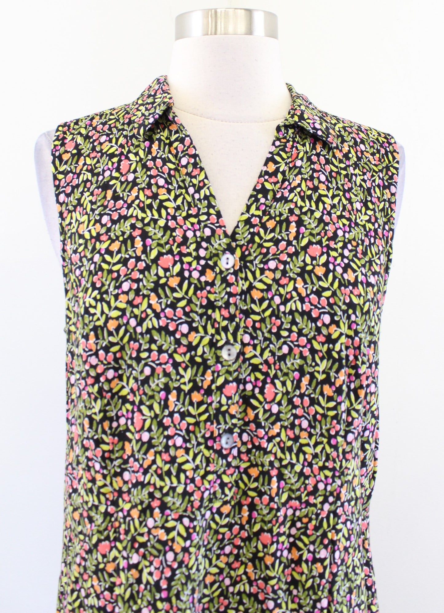 J Jill Black Green Floral Print Sleeveless Shirt Dress Size S Casual Pink