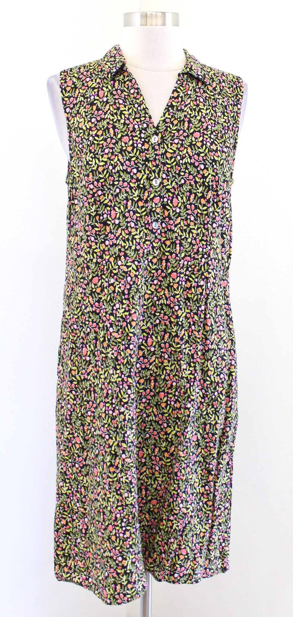J Jill Black Green Floral Print Sleeveless Shirt Dress Size S Casual Pink