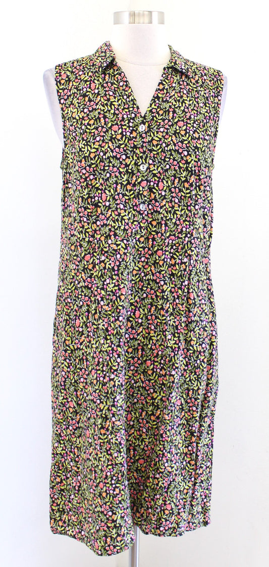 J Jill Black Green Floral Print Sleeveless Shirt Dress Size S Casual Pink