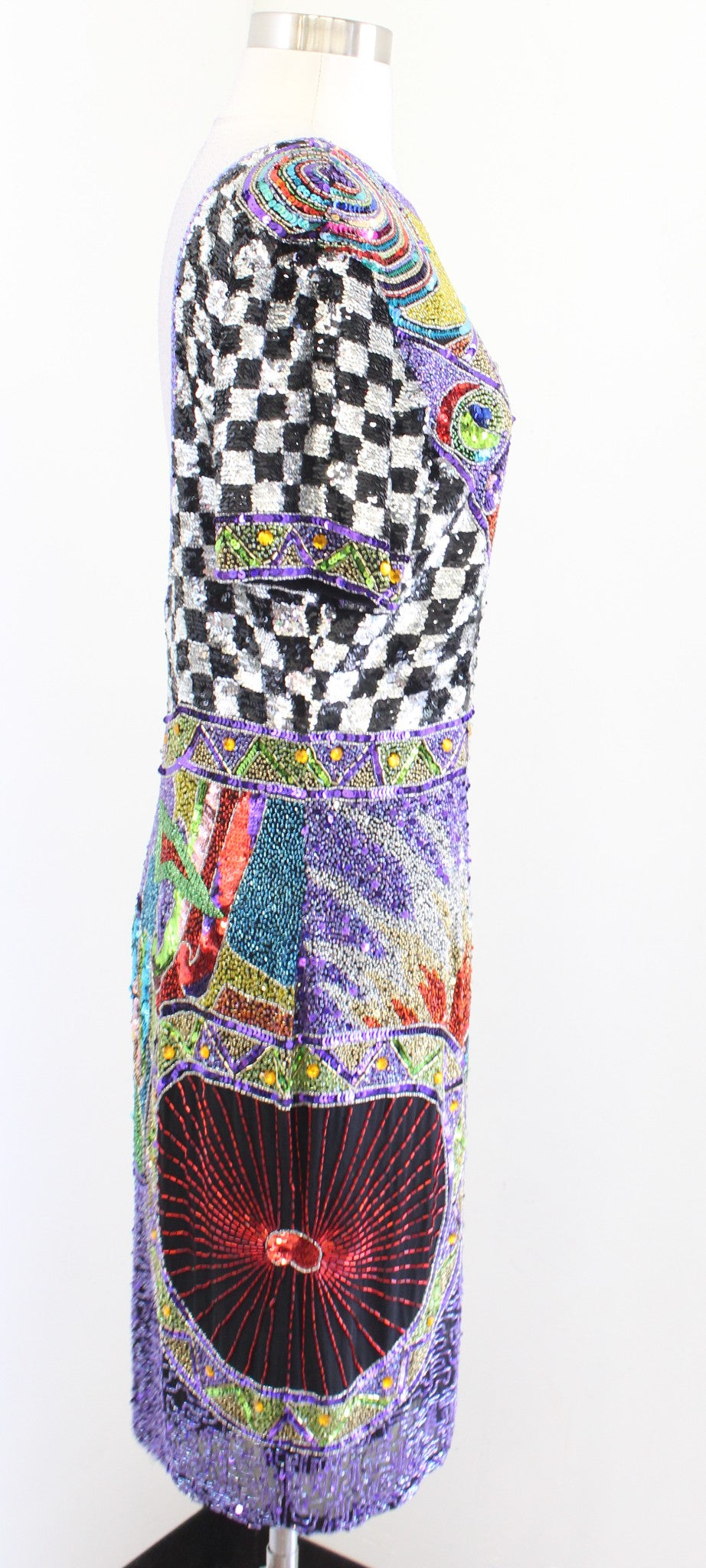 Vtg 80s 90s Abstract Colorful Silk Beaded Sequin Party Dress Art to Wear Sz S ?