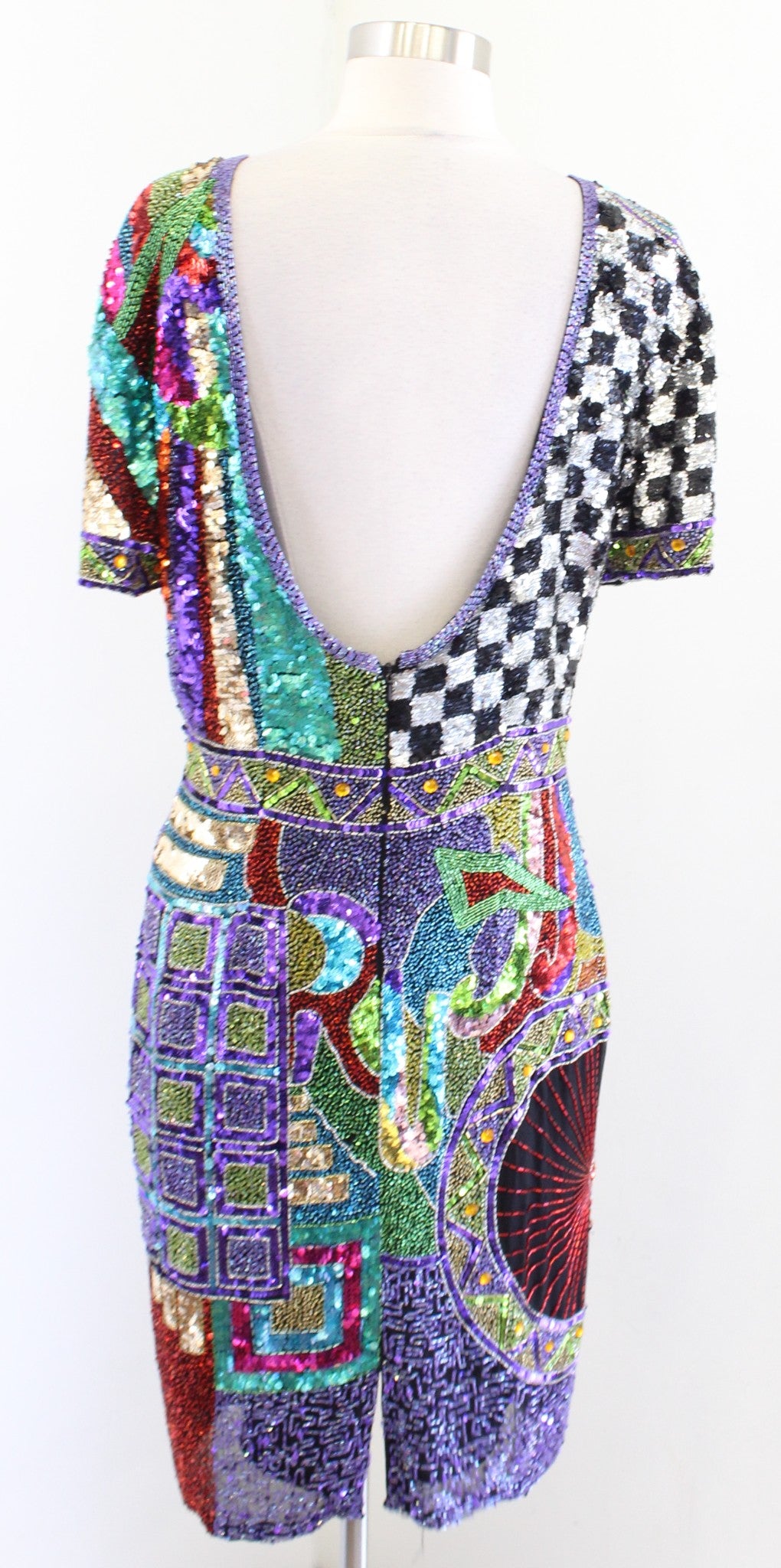 Vtg 80s 90s Abstract Colorful Silk Beaded Sequin Party Dress Art to Wear Sz S ?