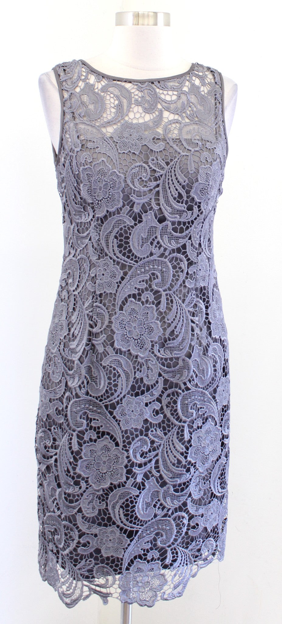 Adrianna Papell Gray Floral Lace Illusion Sheath Dress Size 6 Cocktail Party