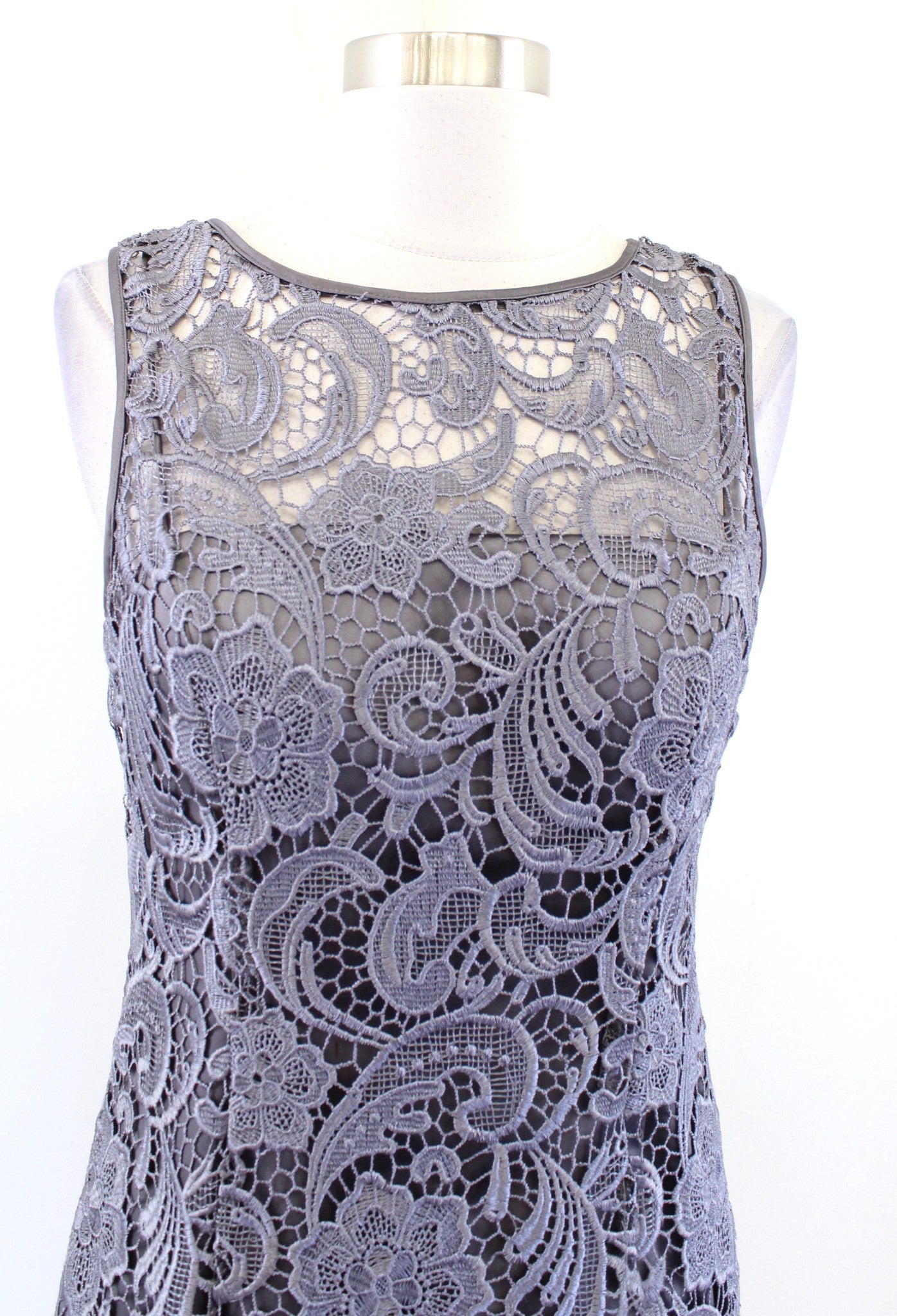 Adrianna Papell Gray Floral Lace Illusion Sheath Dress Size 6 Cocktail Party