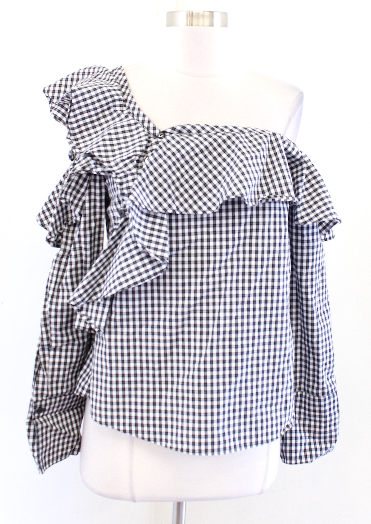 Sunday in Brooklyn Anthropologie Ruffle Asymmetric Plaid Top One Shoulder Size S