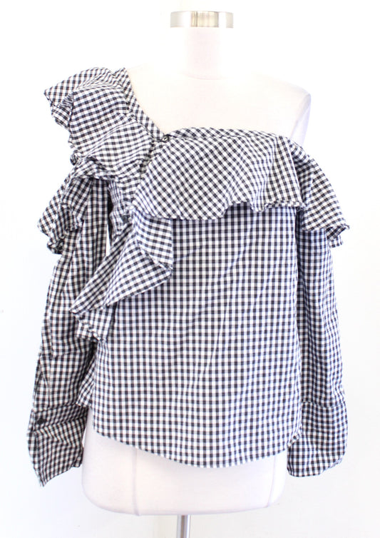 Sunday in Brooklyn Anthropologie Ruffle Asymmetric Plaid Top One Shoulder Size S