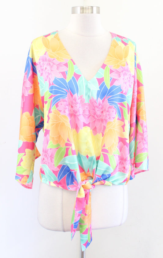 Boston Proper Colorful Floral Tie Front Charmeuse Kate Top Blouse Size S V Neck
