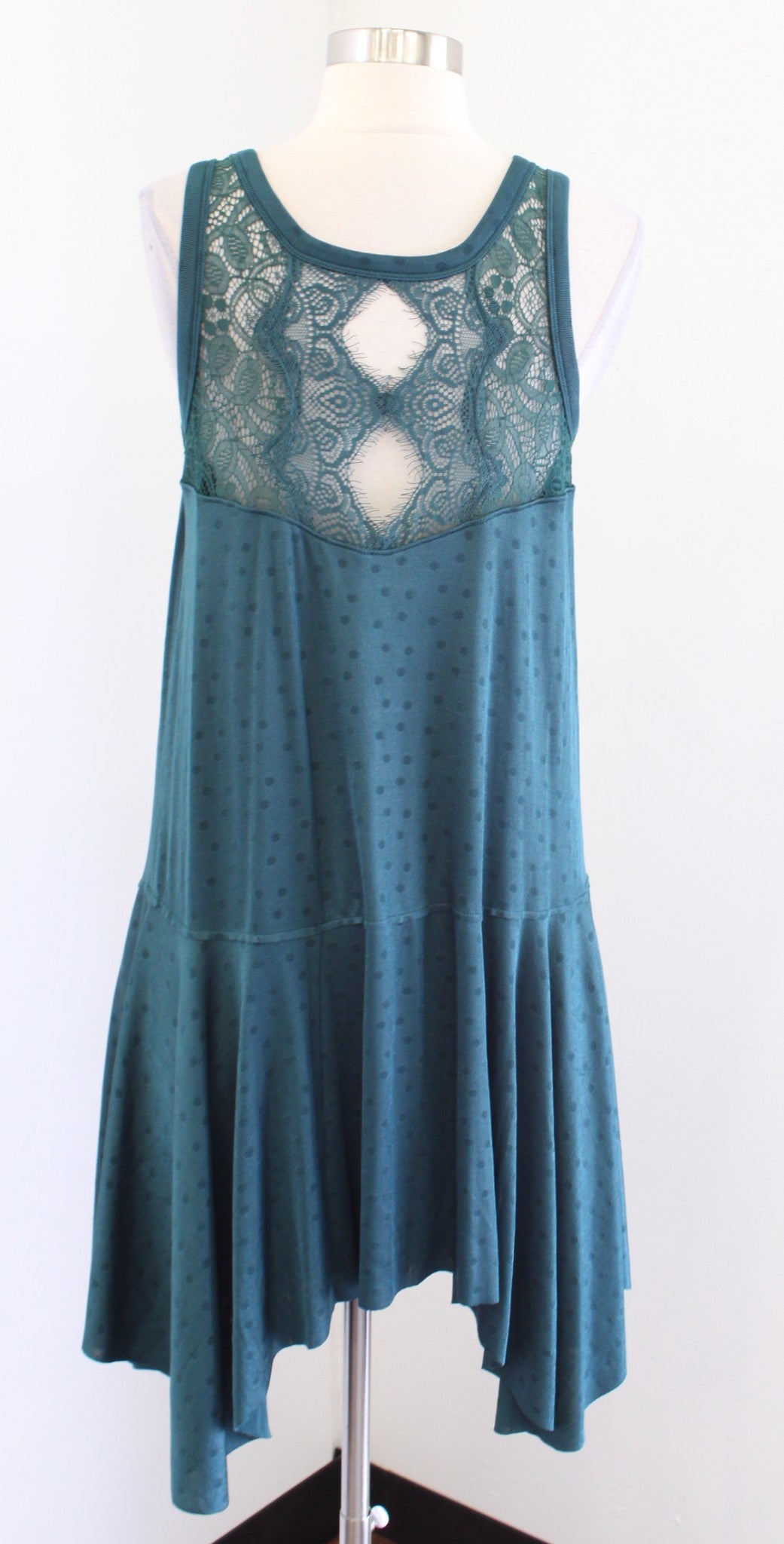 Free People Make it Count Green Polka Dot Embossed Lace Asymmetrical Hem Dress S