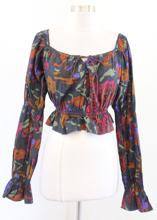 Cleobella Jasmine Smocked Long Sleeve Cropped Top Blouse Size S Garden Floral