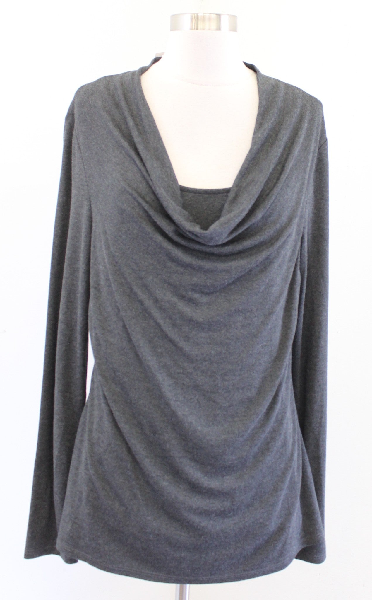 White House Black Market Gray Soft Knit Double Layer Drape Neck Top Blouse Sz L