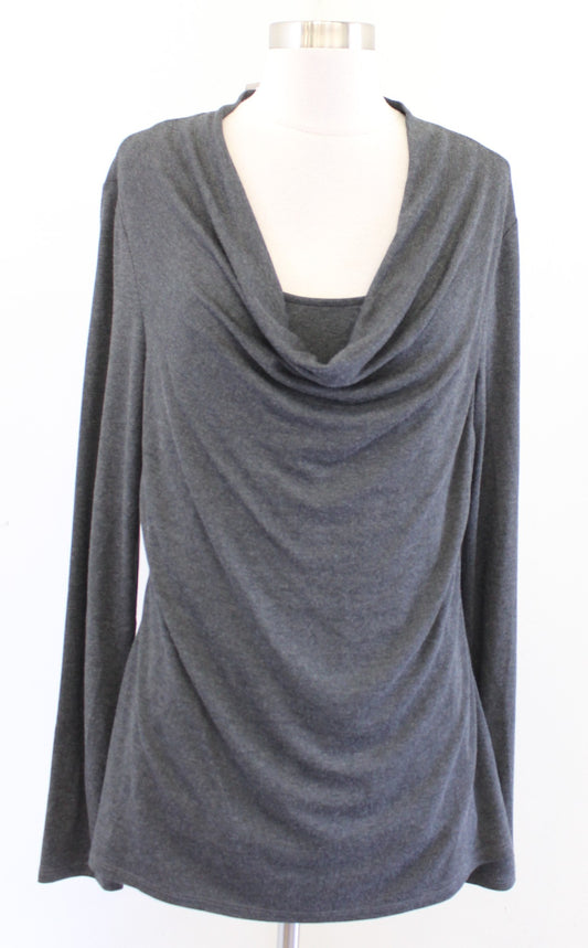 White House Black Market Gray Soft Knit Double Layer Drape Neck Top Blouse Sz L