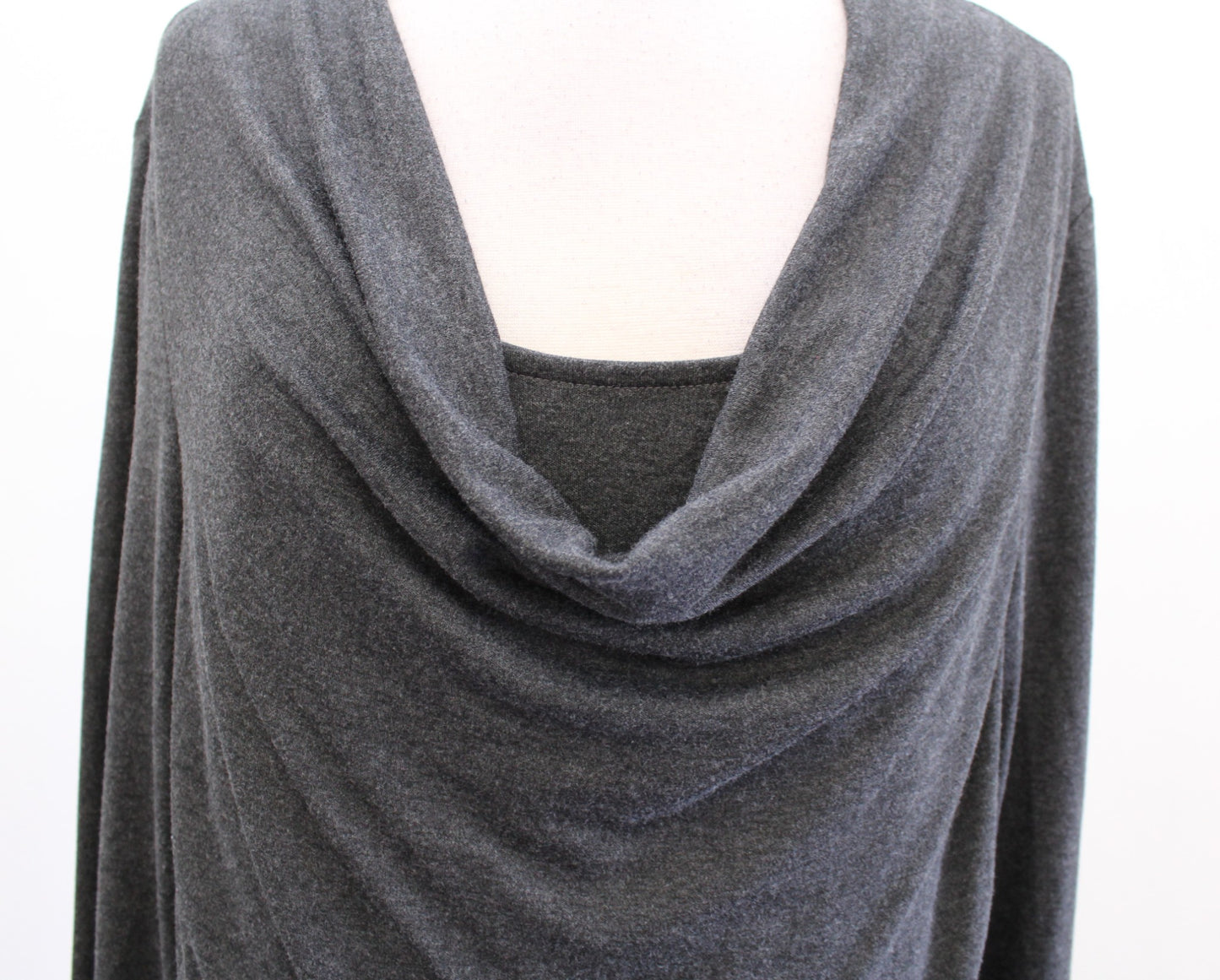 White House Black Market Gray Soft Knit Double Layer Drape Neck Top Blouse Sz L