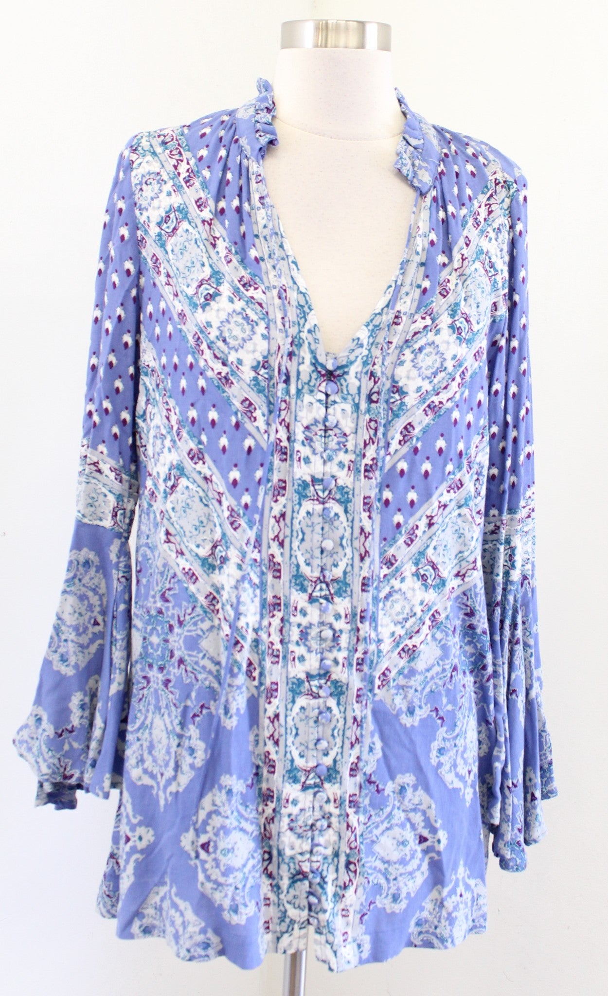 Free People Magic Mystery Blue Printed Bell Sleeve Tunic / Mini Dress Size XS