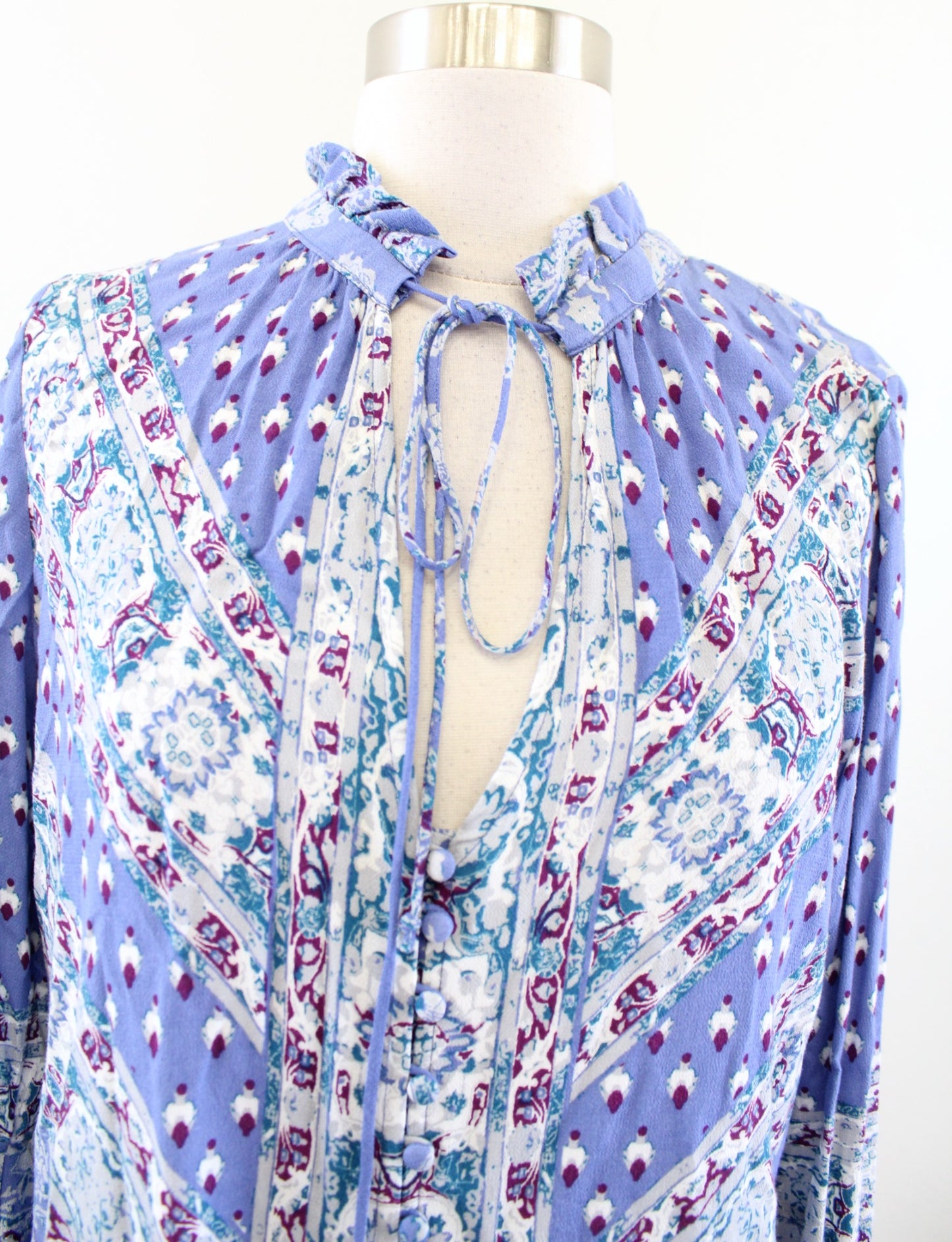 Free People Magic Mystery Blue Printed Bell Sleeve Tunic / Mini Dress Size XS