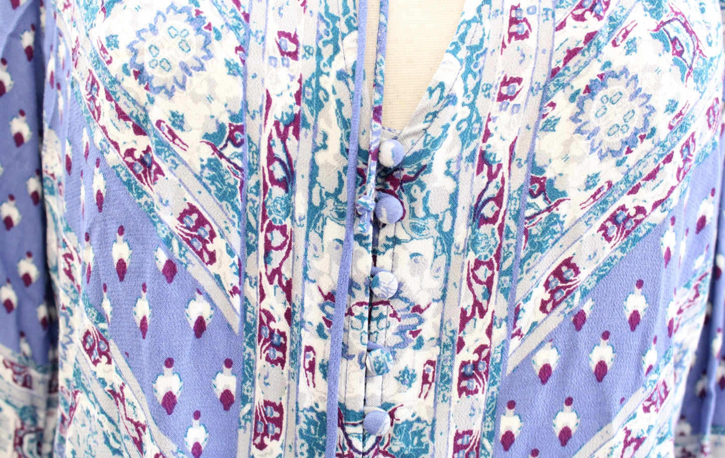 Free People Magic Mystery Blue Printed Bell Sleeve Tunic / Mini Dress Size XS