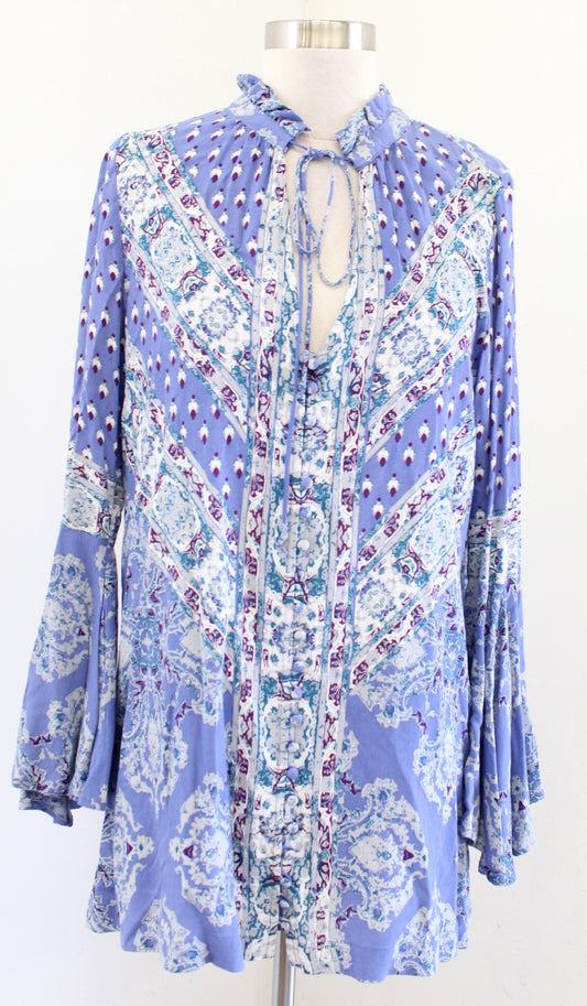 Free People Magic Mystery Blue Printed Bell Sleeve Tunic / Mini Dress Size XS