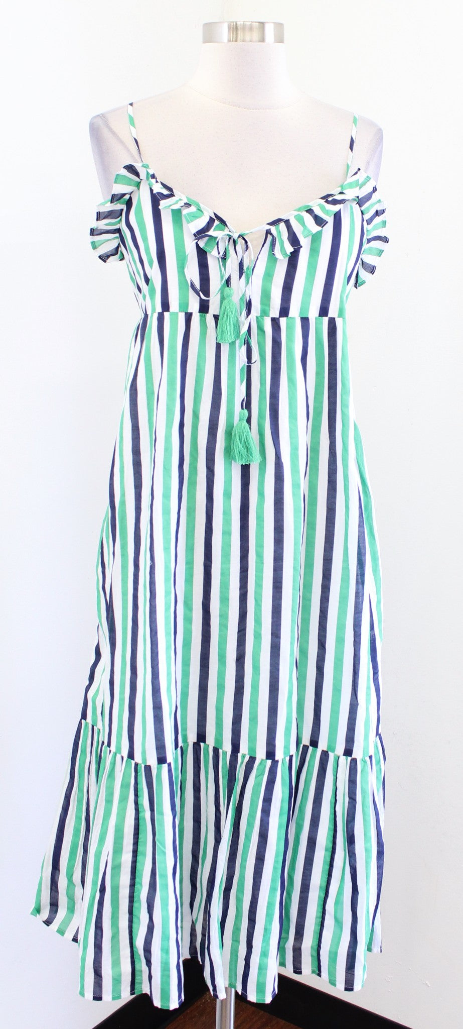 NWT J Crew Ruffle Striped Poplin Midi Dress Swim Cover Up Size XS Green White