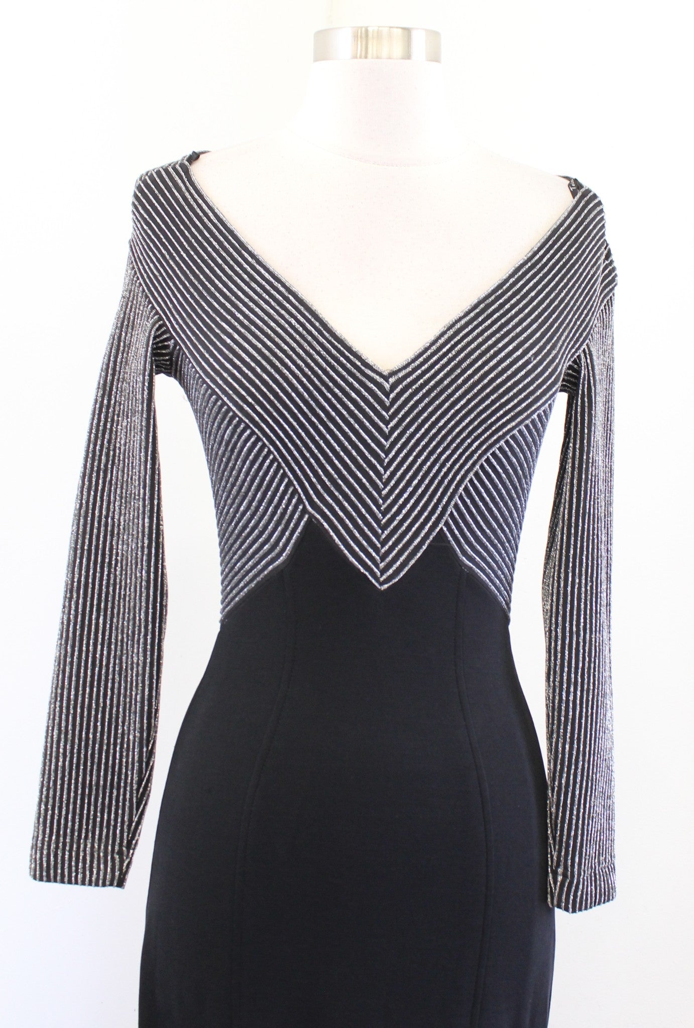 Vtg 90s Tadashi Black Silver Metallic Striped Evening Dress Formal Size XS