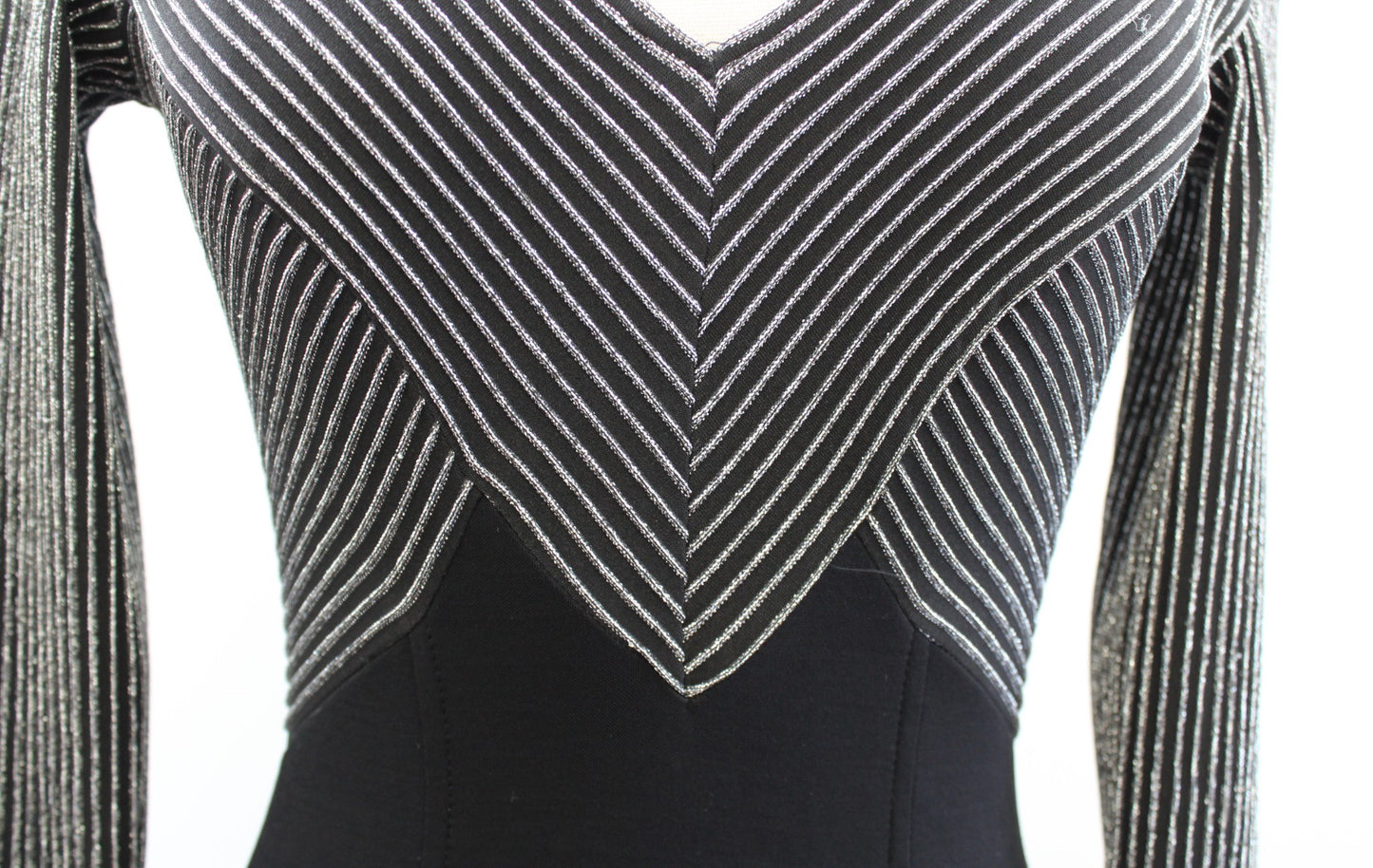 Vtg 90s Tadashi Black Silver Metallic Striped Evening Dress Formal Size XS