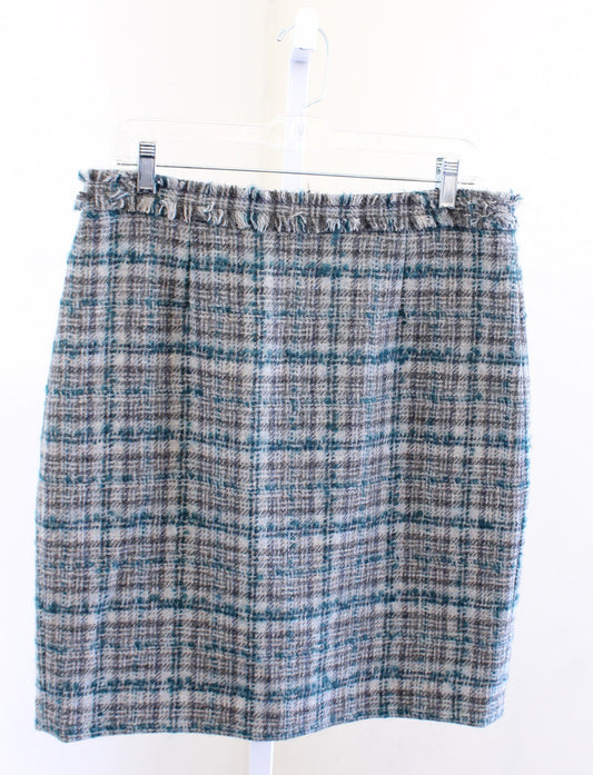 NWT $248 Brooks Brothers Gray Teal Plaid Tweed Fringe Pencil Skirt Size 10 Wool