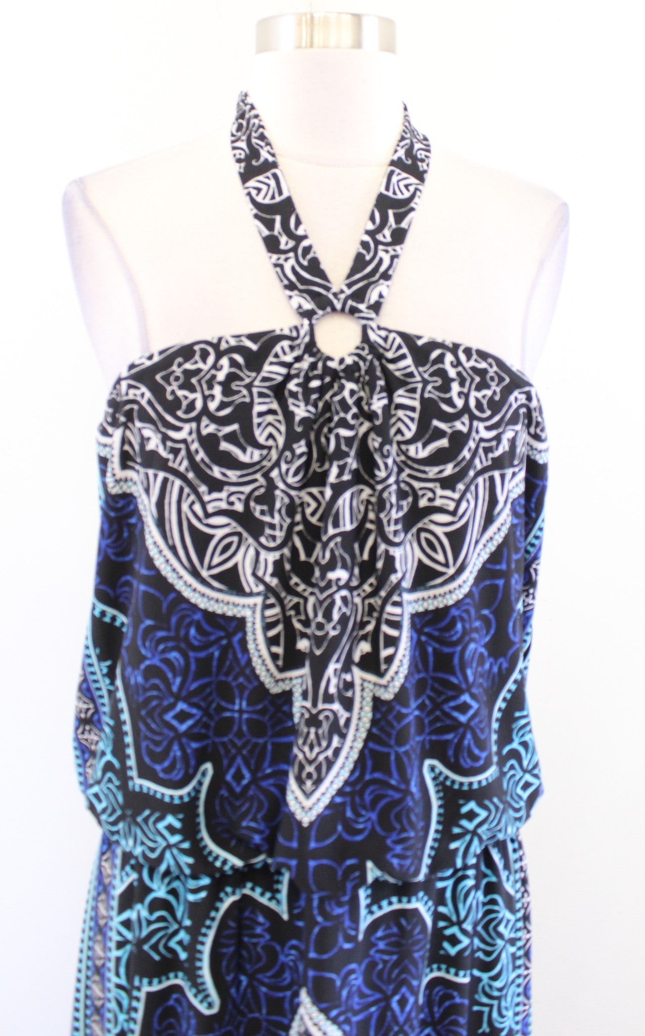 NWT White House Black Market Black Blue Geometric Halter Jersey Maxi Dress Sz L