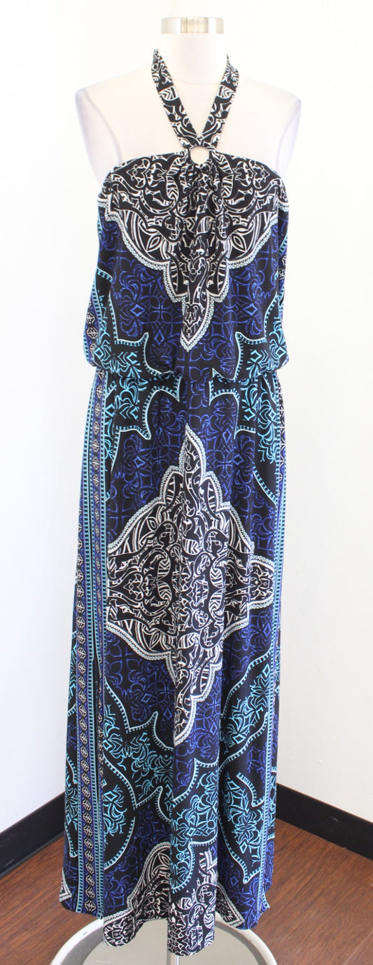 NWT White House Black Market Black Blue Geometric Halter Jersey Maxi Dress Sz L