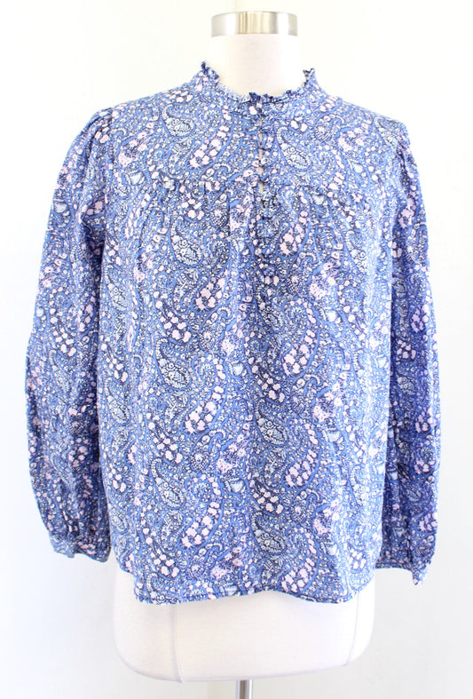 J Crew Liberty of London Bourbon Bloom Floral Ruffle Neck Blouse Top Blue Sz XS