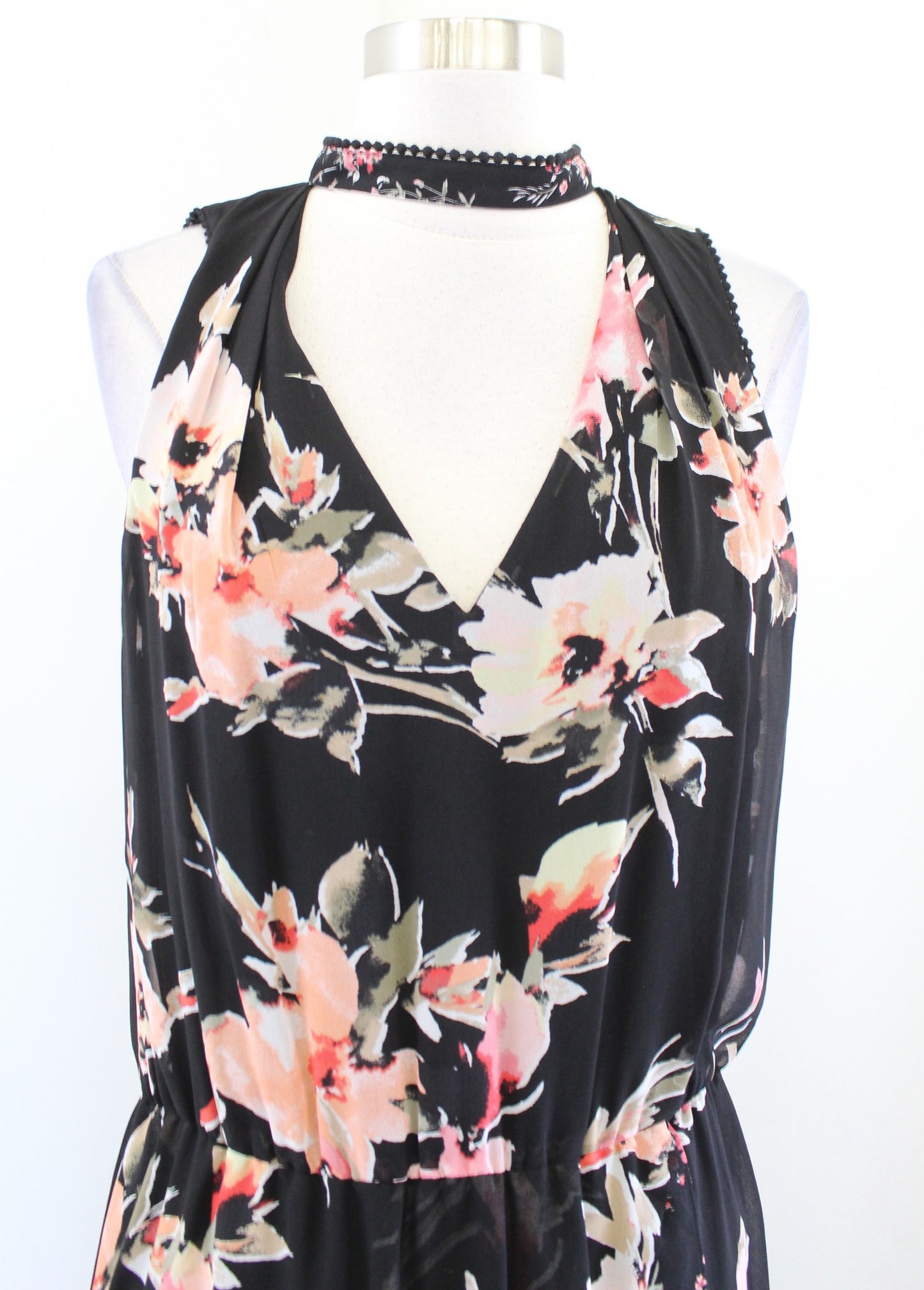 White House Black Market Choker Collar Keyhole Hi Lo Floral Maxi Dress Size 10