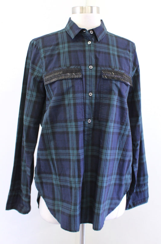 J Crew Plaid Chevron Beaded Embellished Popover Shirt Blouse Green Navy Size 6 Long Sleeve