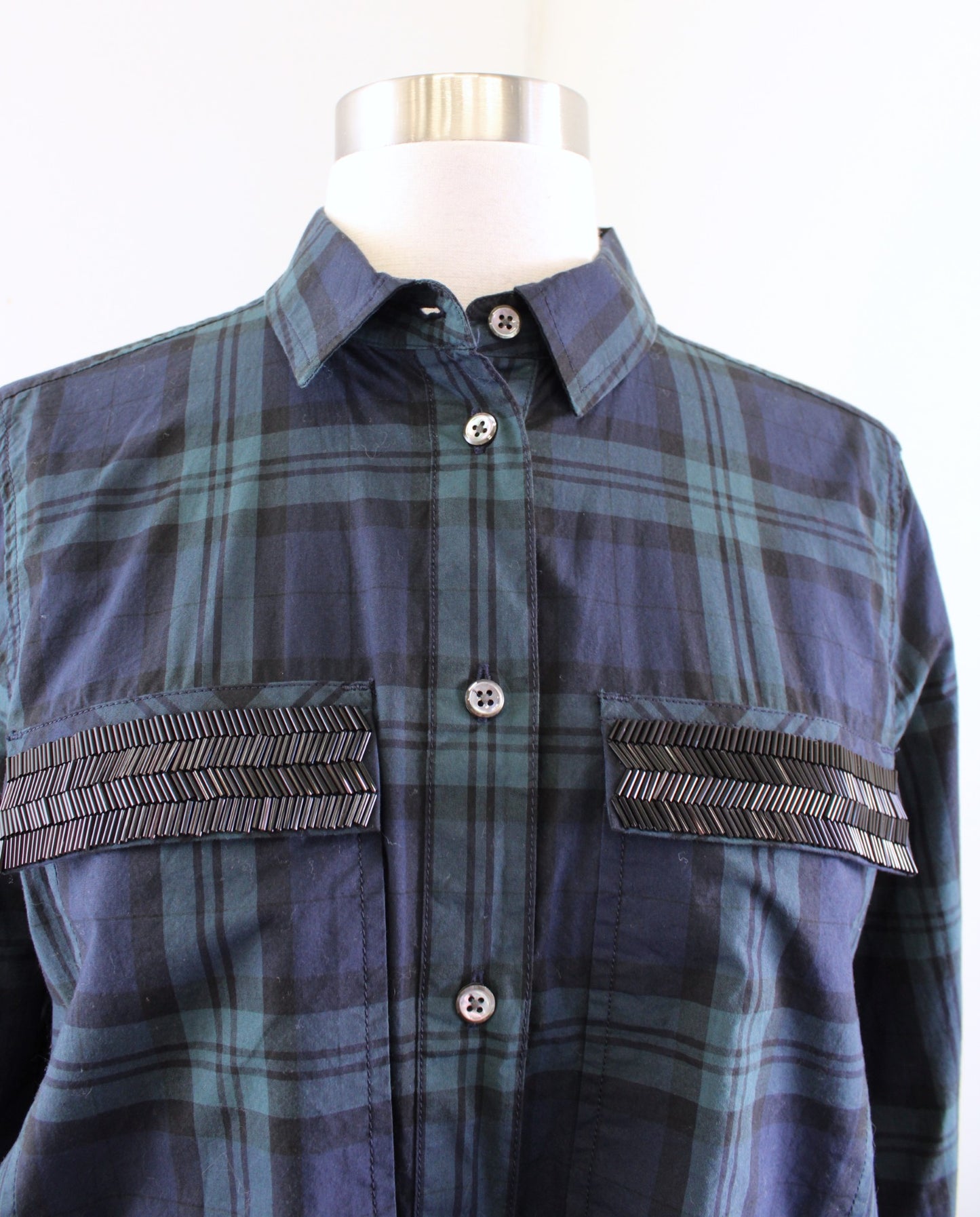J Crew Plaid Chevron Beaded Embellished Popover Shirt Blouse Green Navy Size 6 Long Sleeve