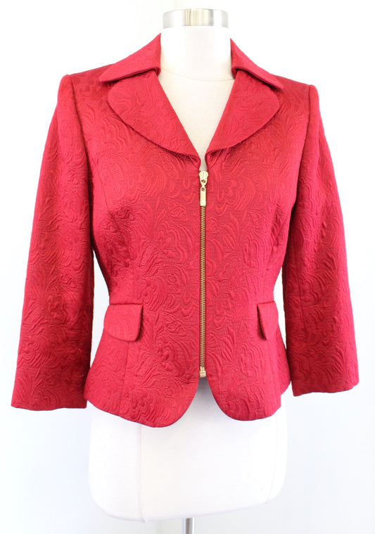 Tahari ASL Levine Red Floral Embossed Textured Zip Front Blazer Jacket Size 4P