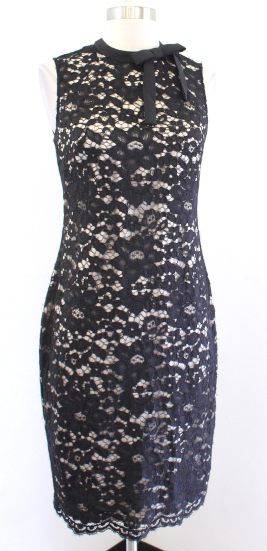 Vince Camuto Black Floral Lace Illusion Bow Neckline Sheath Dress sz 4 Cocktail