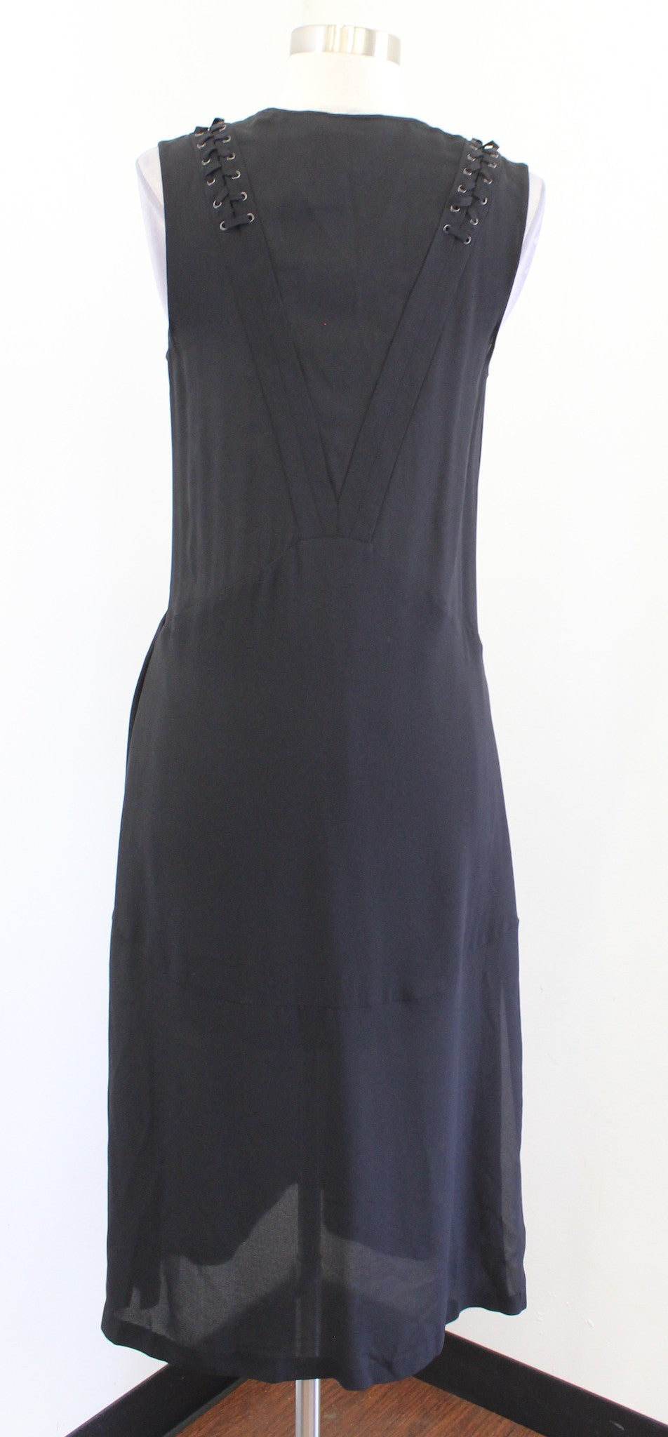 ALC A.L.C. Black Lace Up Grommet Plunge V Neck Silk Araya Midi Dress Size 2