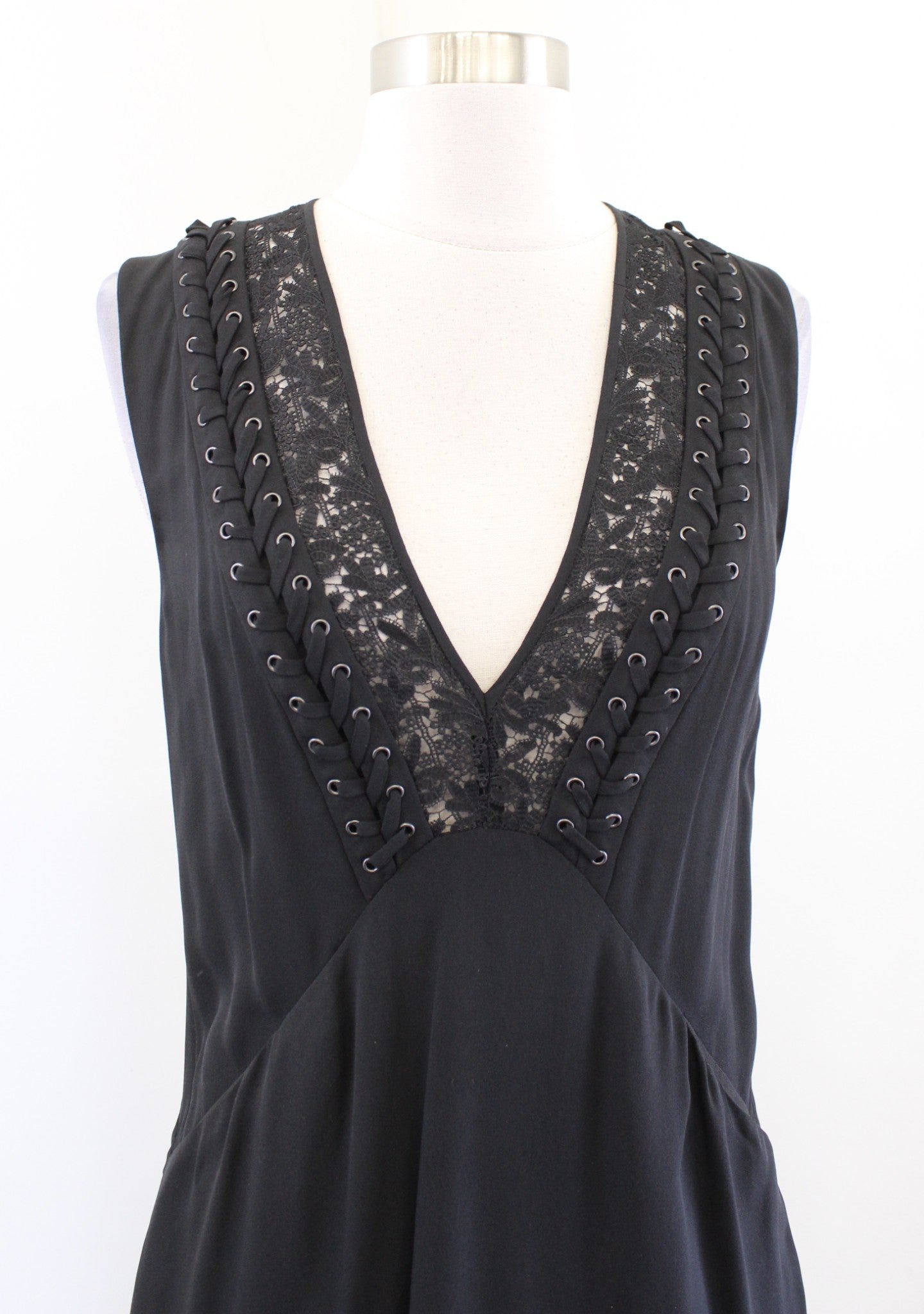 ALC A.L.C. Black Lace Up Grommet Plunge V Neck Silk Araya Midi Dress Size 2