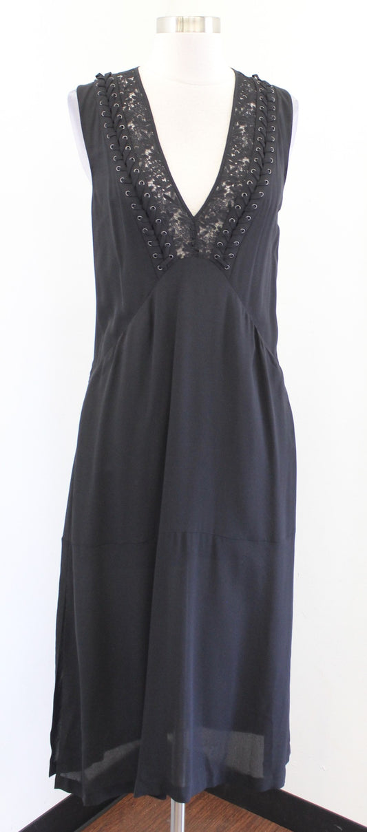 ALC A.L.C. Black Lace Up Grommet Plunge V Neck Silk Araya Midi Dress Size 2