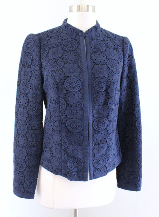 Boden Womens Navy Blue Medallion Lace Mock Neck Jacket Blazer Size US 4