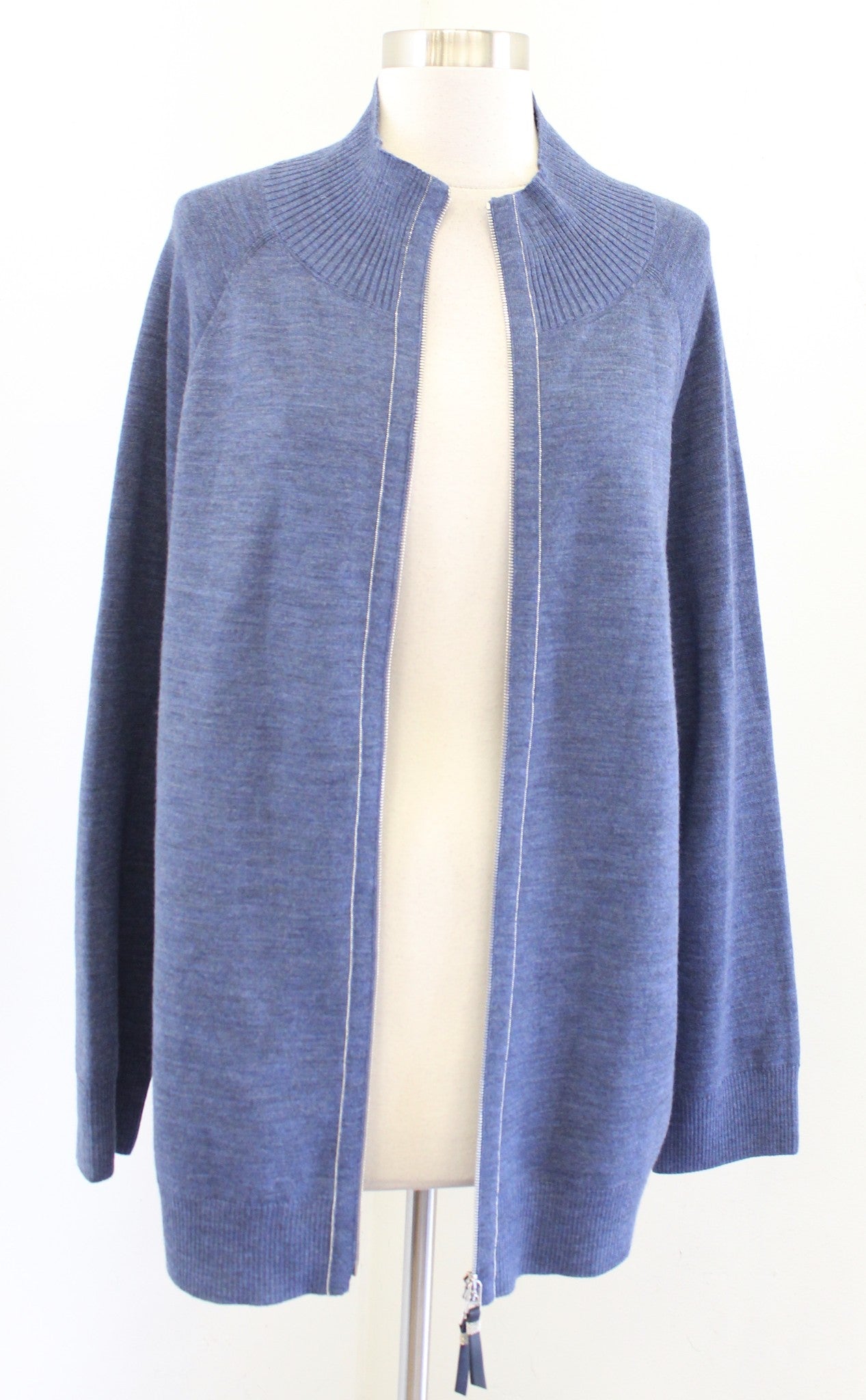 Lafayette 148 New York Blue Wool Blend Zip Front Sweater Jacket Cardigan Size L