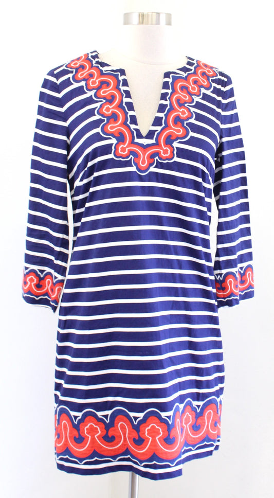 Vineyard Vines Blue White Red Striped Embroidered Split Neck Tunic Dress Size 4