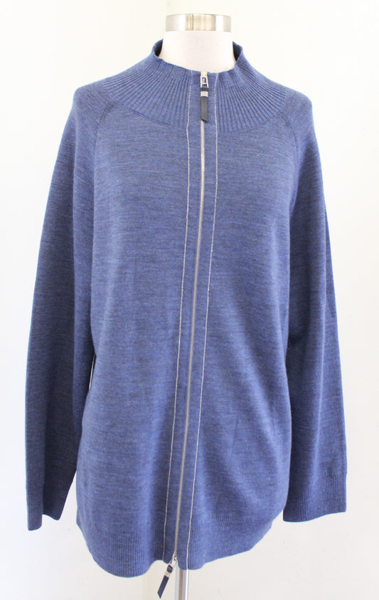 Lafayette 148 New York Blue Wool Blend Zip Front Sweater Jacket Cardigan Size L