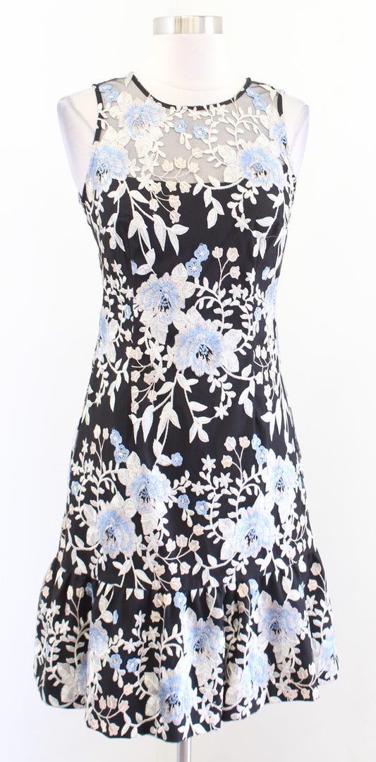 White House Black Market Mesh Floral Embroidered Flounce Sheath Dress Size 00