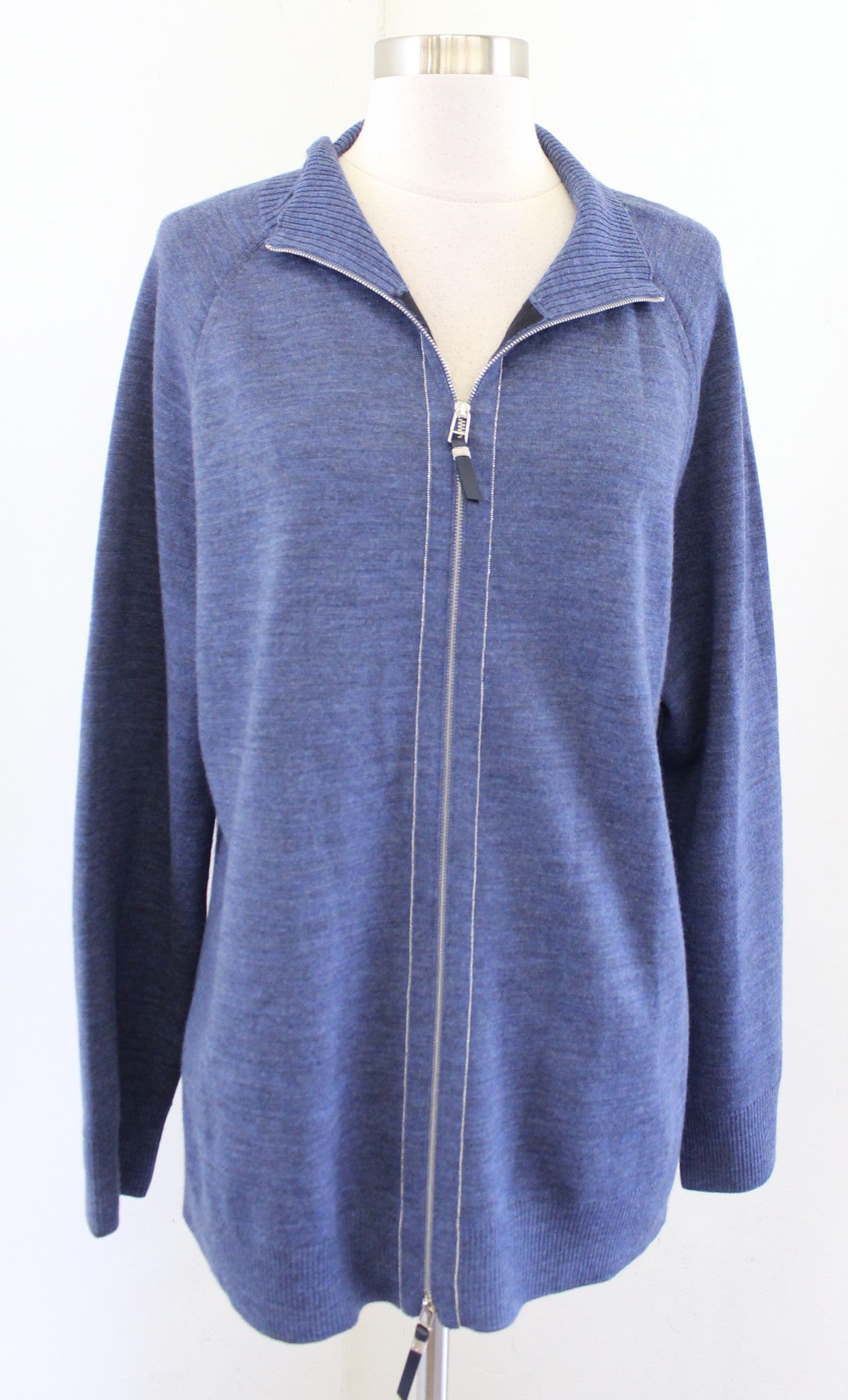 Lafayette 148 New York Blue Wool Blend Zip Front Sweater Jacket Cardigan Size L