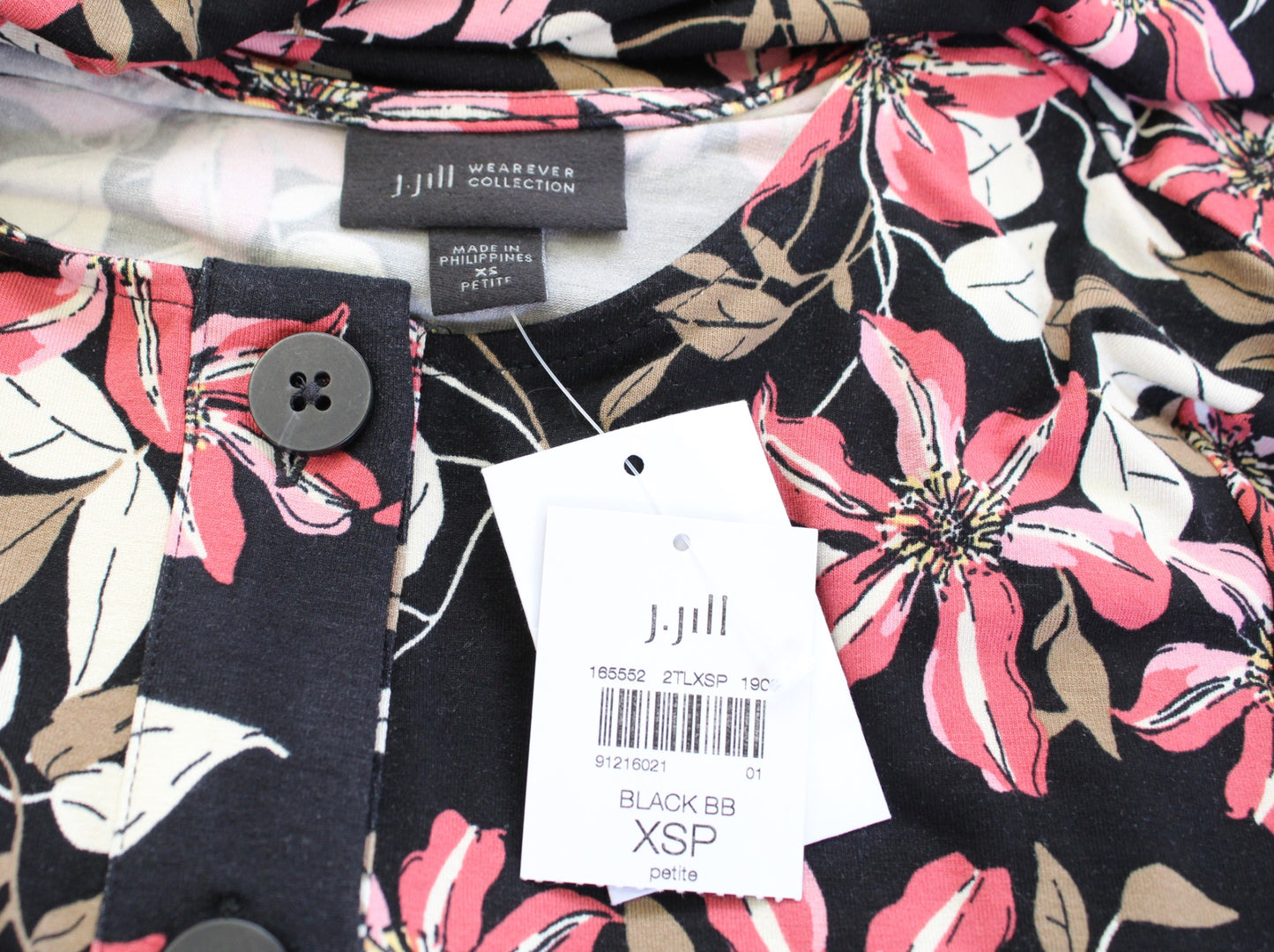 NWT J Jill Black Floral Print Knit Tunic Shift Dress Size XSP PXS Tie Sleeve