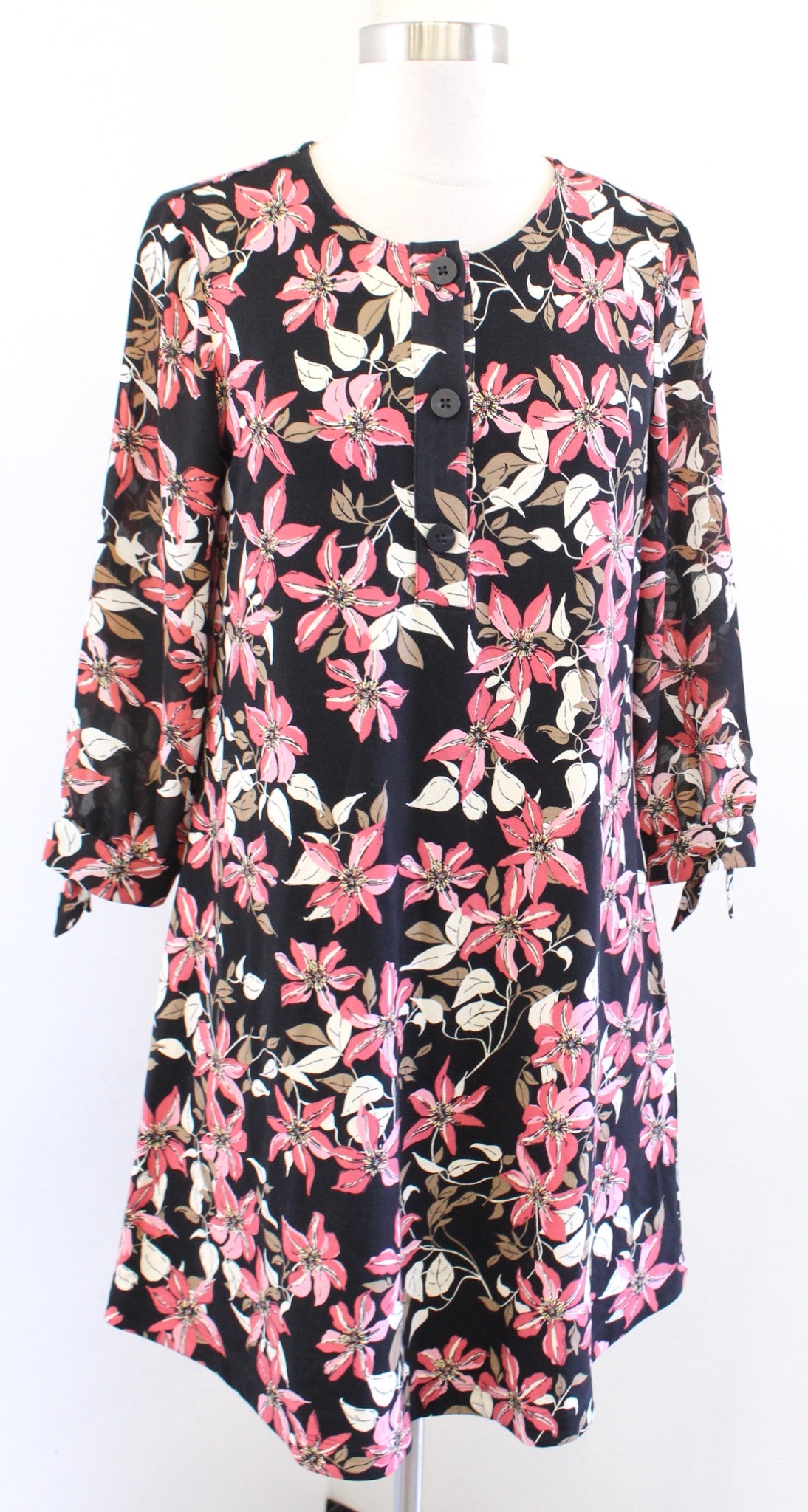 NWT J Jill Black Floral Print Knit Tunic Shift Dress Size XSP PXS Tie Sleeve