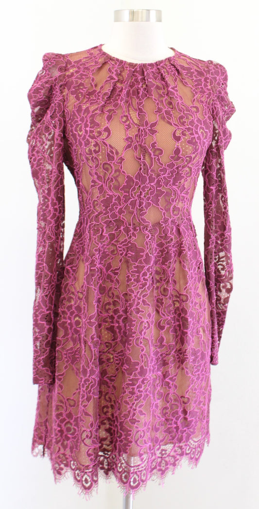 Michael Kors Scalloped Corded Floral Lace Party Dress Size 2 Puff Sleeve Pink