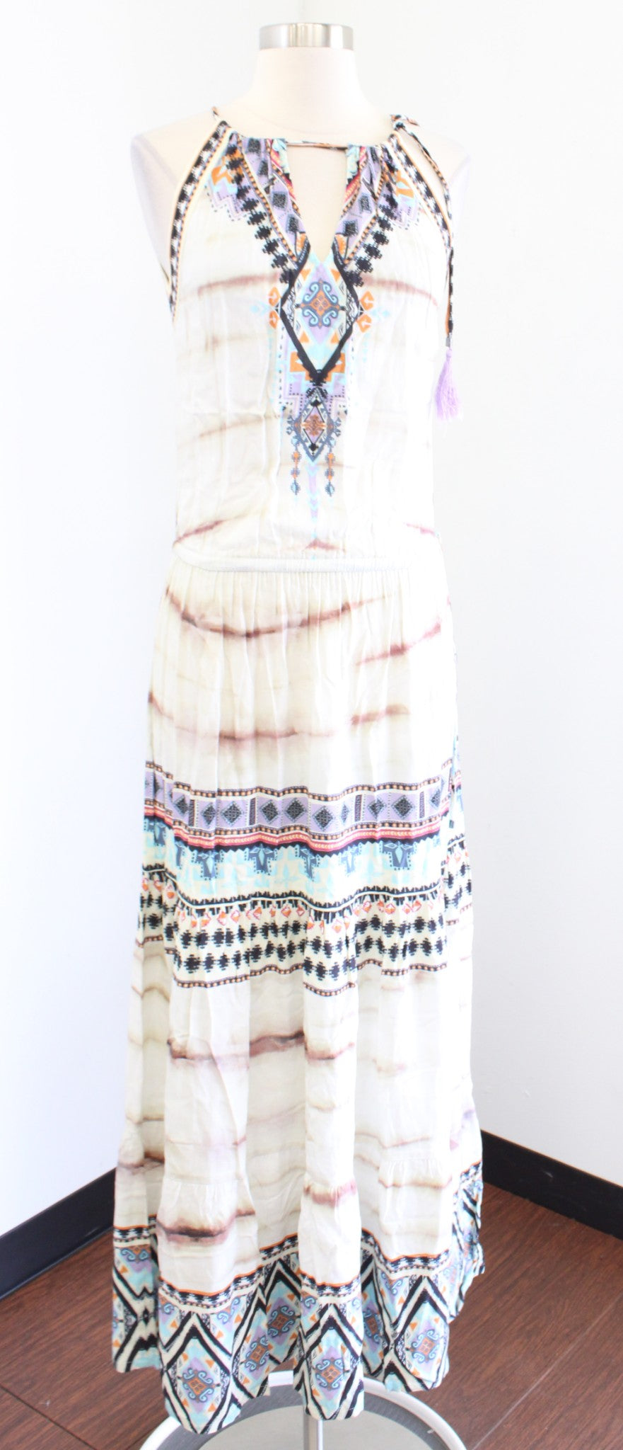 Hale Bob Elena Geometric Print Tie Dye Halter Maxi Dress Size XXS 2XS Tiered