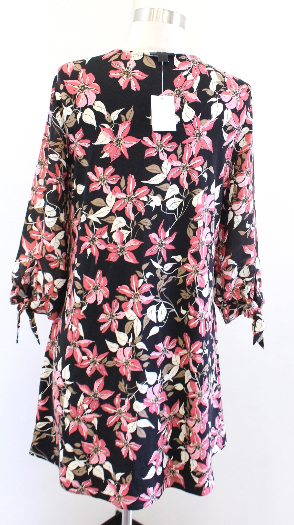 NWT J Jill Black Floral Print Knit Tunic Shift Dress Size XSP PXS Tie Sleeve