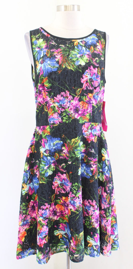 NWT Betsey Johnson Colorful Floral Print Eyelet Lace Fit and Flare Dress Size 10