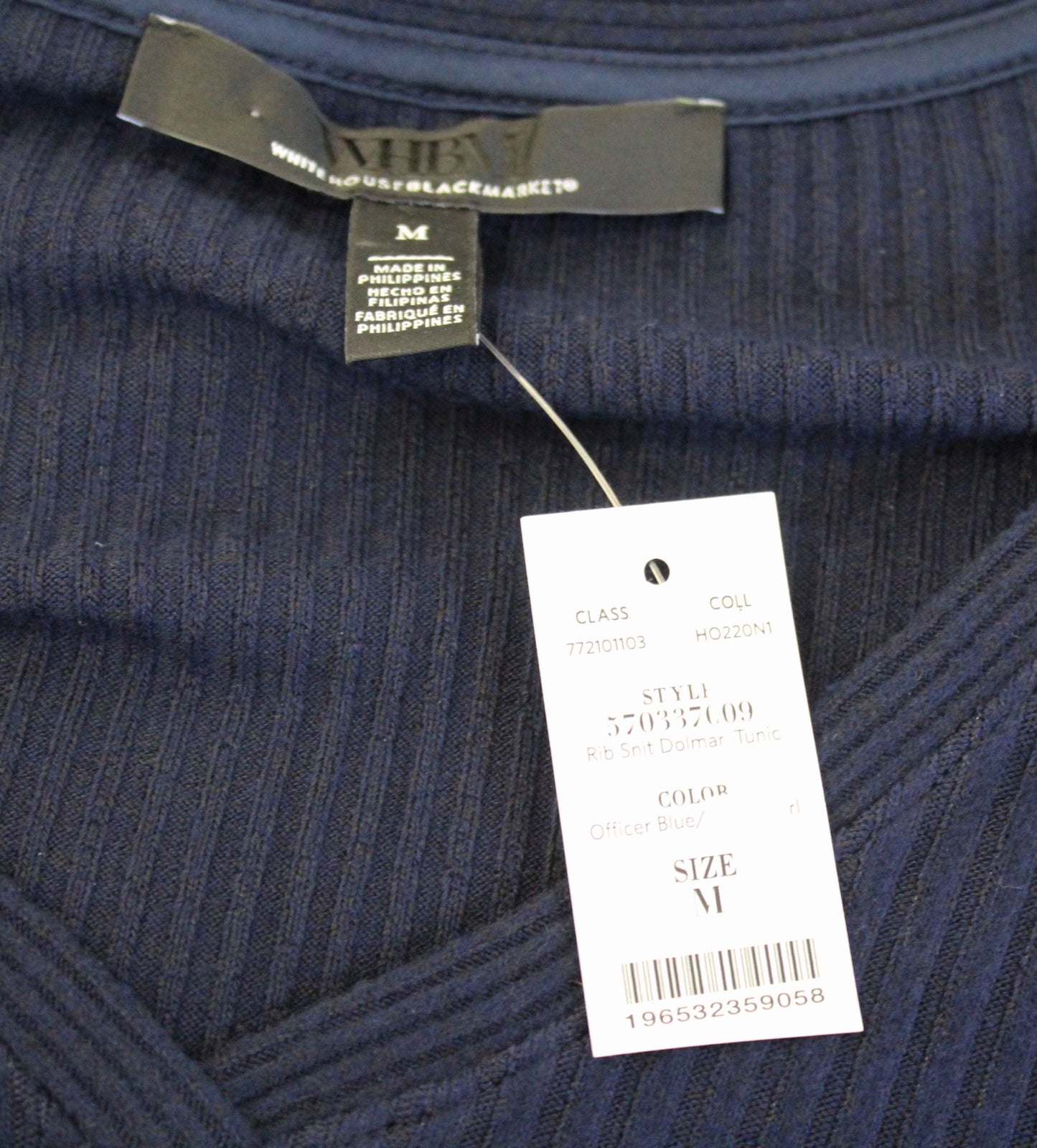 NWT White House Black Market Navy Blue Ribbed Knit Dolman Sweater Top Tunic Sz M