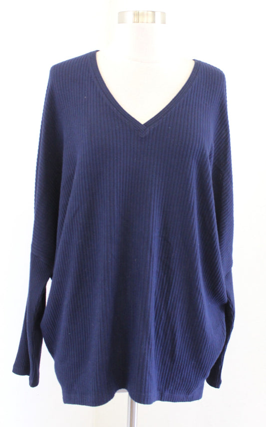 NWT White House Black Market Navy Blue Ribbed Knit Dolman Sweater Top Tunic Sz M