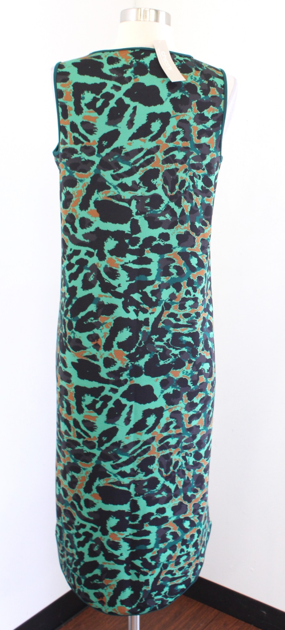 NWT Chicos Green Abstract Animal Print Hi Lo Sleeveless Midi Dress Size 0 Black